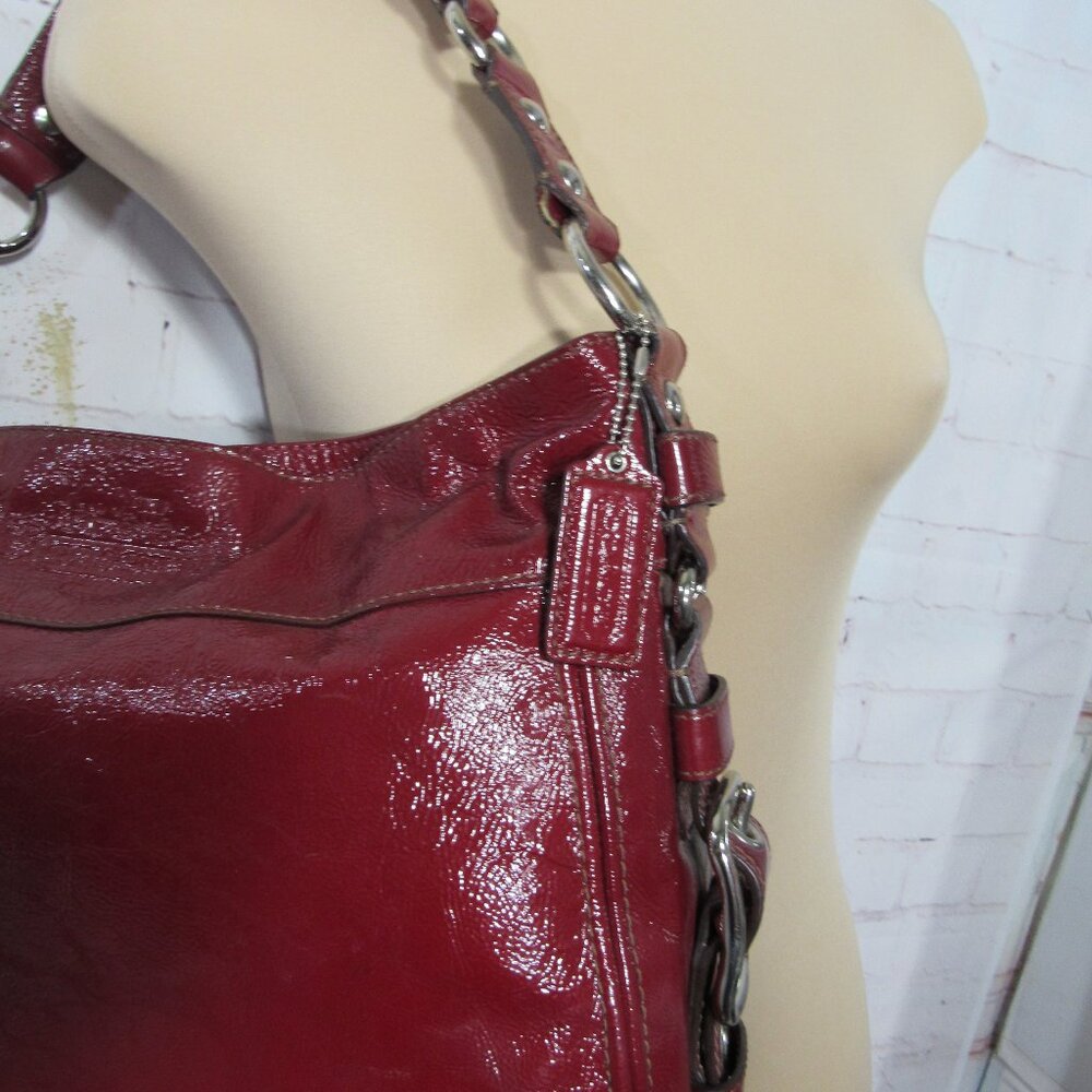 COACH ZOE EDITORIAL BAG XL  12 x 14 x 4 Burgundy Red Patent Leather Shoulder Bag - Picture 4 of 11